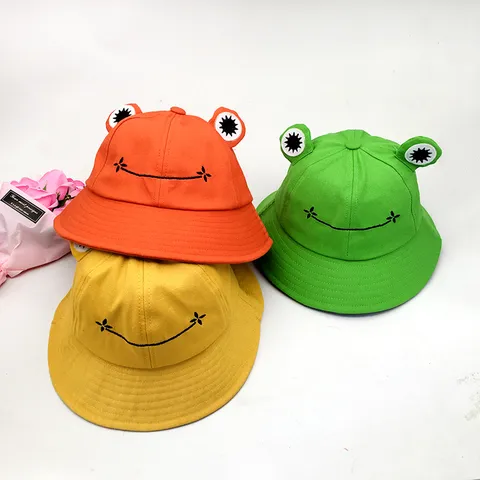 Cute Cartoon Frog Embroidered Bucket Hat Cotton Wide Brim Sunshade Sun Protection Outdoor Casual Lovely Travel Hat For Women Students