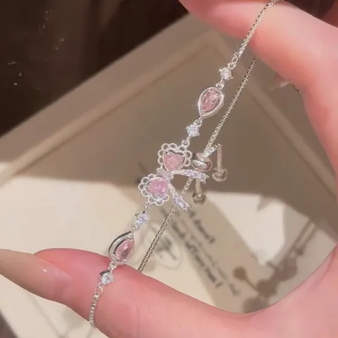 Braccialetto Donna Stile Coreano Francese Con Fiocco E Strass Rosa Bracciale In Lega Di Rame Regolabile Gioielli Di Moda