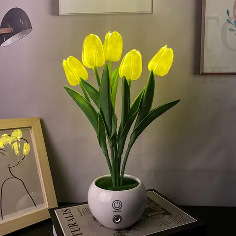 Simulation Tulip Flower Led Night Light Ceramic Pot Bedside Desktop Atmosphere Table Lamp Creative Home Holiday Ornament Gift