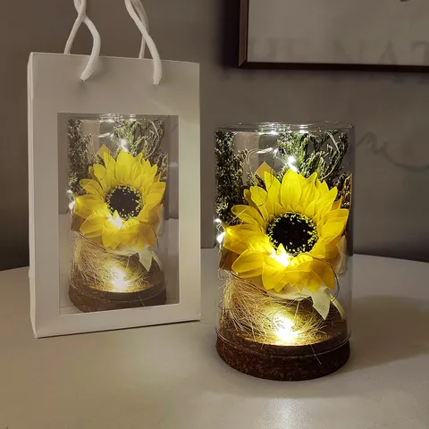 Glowing Glass Wishing Bottle Flower Bouquet Ornament With LED String Lights Wood Base Artificial Rose Carnation Table Decor Gift