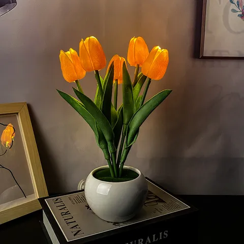 Simulation Tulip Flower Led Night Light Ceramic Pot Bedside Desktop Atmosphere Table Lamp Creative Home Holiday Ornament Gift