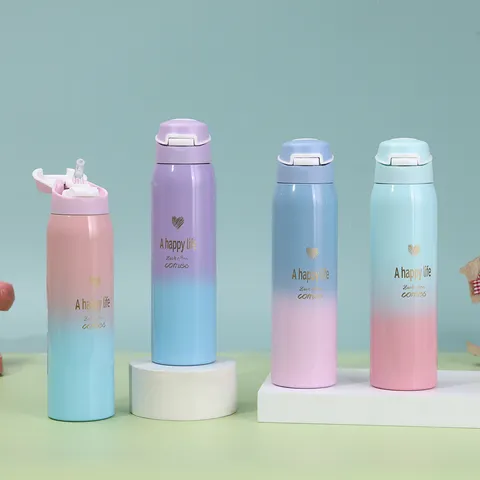 Botella De Agua Con Aislamiento Al Vacío De Acero Inoxidable Minimalista Color Degrado Termo Deportivo Con Pajita Para Viaje