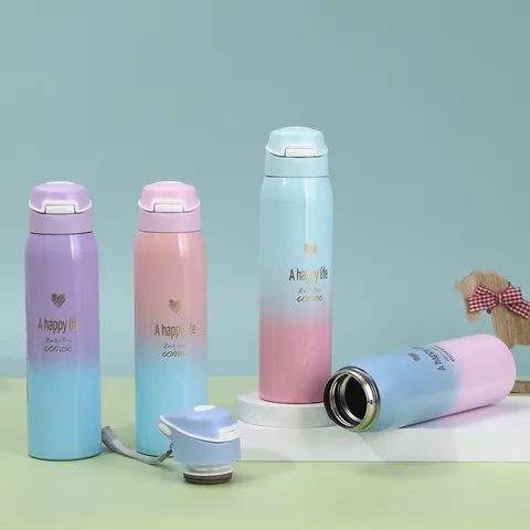 Botella De Agua Con Aislamiento Al Vacío De Acero Inoxidable Minimalista Color Degrado Termo Deportivo Con Pajita Para Viaje
