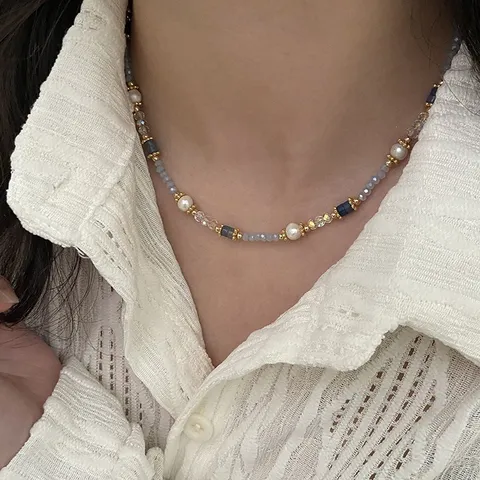 Handmade Colorful Natural Stone Freshwater Pearl Necklace Bracelet Set For Women Dopamine Fresh Forest Design Jewelry Gift