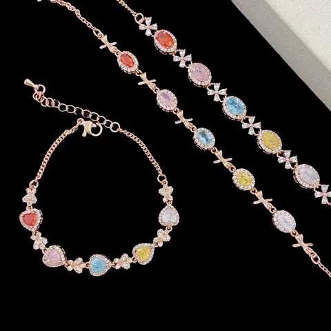 Pulsera de Circonia Colorida con Corte de Flor de Hielo de Lujo Francés para Mujer Pulsera de Cobre Galvanizado con Lazo y Corazón Joyería