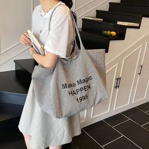 Damen Nylon Große Kapazität Tragetasche Buchstaben Drucken Schultertasche Casual Streifen Segeltuch Stil Schultasche Für Studenten Arbeit
