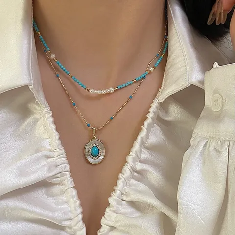 Natural Freshwater Pearl Turquoise Beaded Necklace Gold Plated Shell Pendant Leverback Earrings Set Exquisite Neck Chain For Women