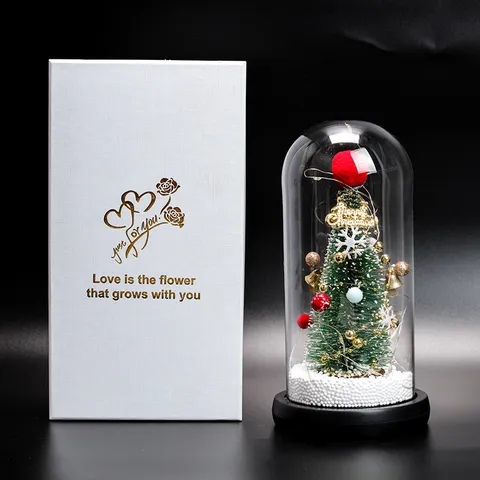 Navidad Vidrio Árbol Mesa Adorno Con Luz LED Base Madera Caja Regalo