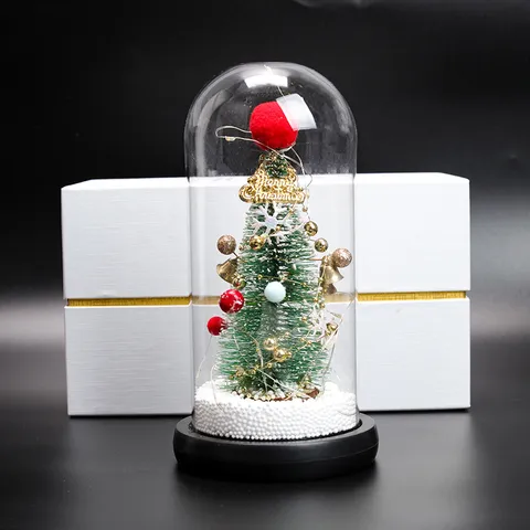 Navidad Vidrio Árbol Mesa Adorno Con Luz LED Base Madera Caja Regalo