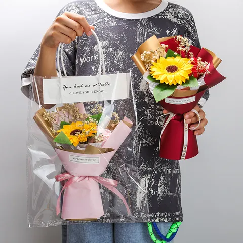 Graduation Gift Soap Flower Dried Sunflower Rose Baby's Breath Bouquet Artificial Flower Gift Box With Ribbon For Women