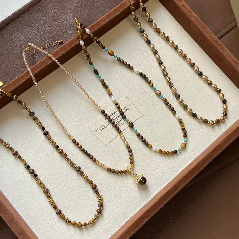 Collana di Perline di Occhio di Tigre Naturale Retrò per Donna Stile Maillard in Lega di Rame Perla Artificiale Choker Gioielli da Collo