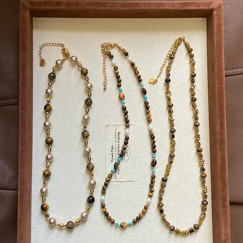 Collana di Perline di Occhio di Tigre Naturale Retrò per Donna Stile Maillard in Lega di Rame Perla Artificiale Choker Gioielli da Collo