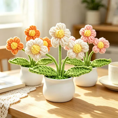 Handmade Knitted Woolen Yarn Flower Potted Plant Crochet Artificial Flower Mini Desktop Ornament Home Decor Gift