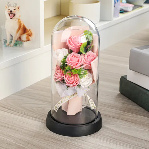 Flor de Rosa de Jabón Preservada Cubierta de Vidrio Luz LED Ramo de Flores Artificiales Regalo de Cumpleaños de San Valentín Adorno de Decoración del Hogar