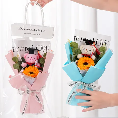 Graduation Sonnenblume Seifenblume Blumenstrauß Mit Doktor Bär Süßes Geschenk Künstliche Blumen Für Party Feier