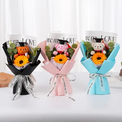 Graduation Sonnenblume Seifenblume Blumenstrauß Mit Doktor Bär Süßes Geschenk Künstliche Blumen Für Party Feier