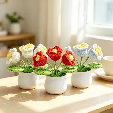 Handmade Crochet Lily Of The Valley Potted Plant Wool Yarn Flowers Decorative Ornament With Pot Desktop Aesthetic Gift