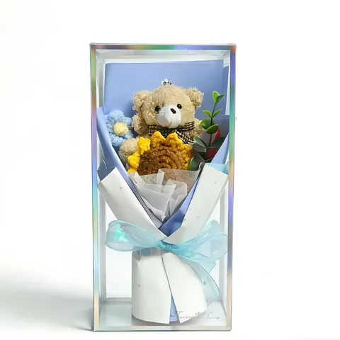 Handgemachte Strickwolle Sonnenblume Bär Strauß Mit Transparentem PVC Geschenkbox Abschluss Saison Urteil Geschenk Party Dekor
