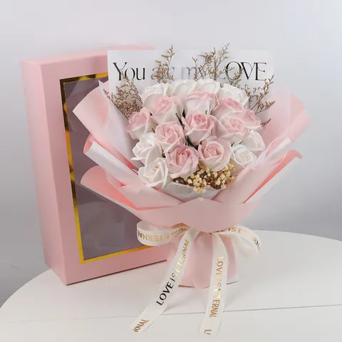 Ramo de Flores de Jabón de Rosas Hecho a Mano Caja de Regalo Con Aliento de Bebé Seco Flor Eterna Para Decoración de Boda San Valentín