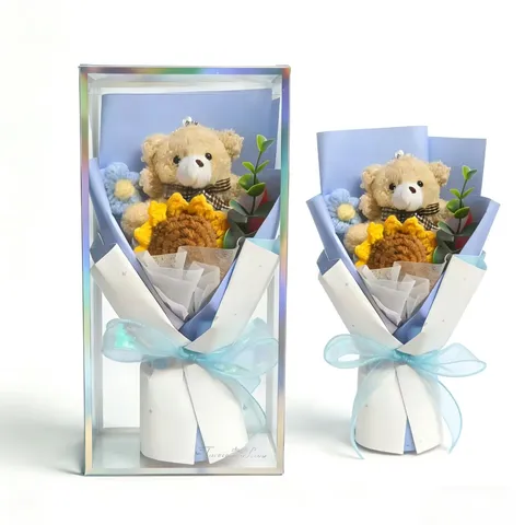 Handgemachte Strickwolle Sonnenblume Bär Strauß Mit Transparentem PVC Geschenkbox Abschluss Saison Urteil Geschenk Party Dekor
