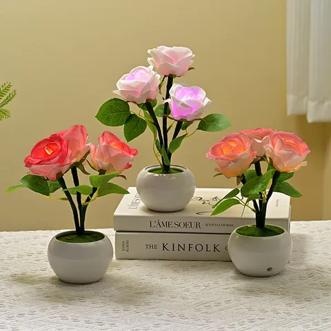 Artificial Rose Flower Ceramic Table Lamp LED Night Light Creative Bedside Home Decor Atmosphere Flower Lamp Gift