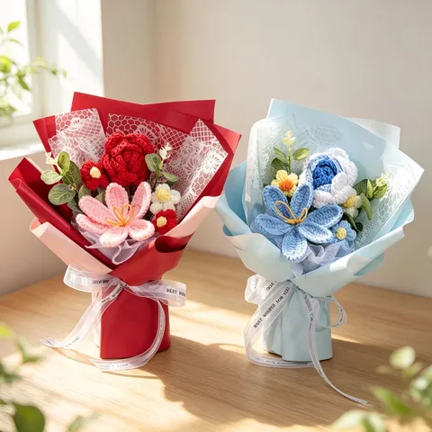 Handmade Knitted Woolen Rose Tulip Bouquet Artificial Flower With Gift Box Greeting Card Home Decoration Souvenir Gift