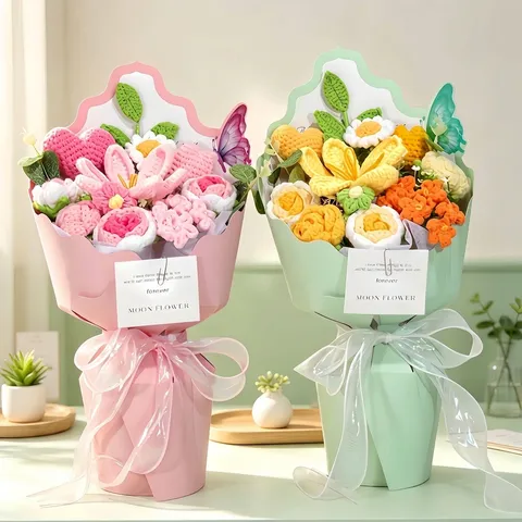 Bouquet de Fleurs au Crochet Fait à la Main Fil Tricoté Rose Tulipe Cœur Cadeau pour la Saint-Valentin Fête des Mères Anniversaire Décoration