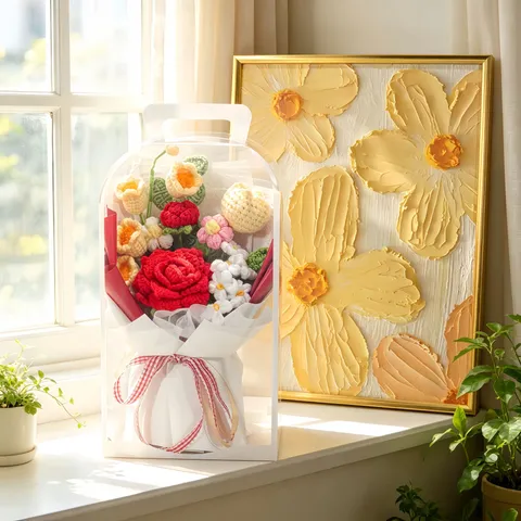 Handmade Knitted Crochet Flower Bouquet Wool Yarn Rose Lily With Gift Box Artificial Flower Home Decor Valentine Day Gift