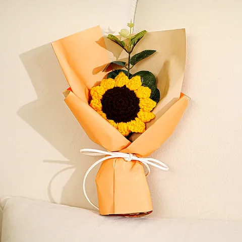 Handmade Crochet Sunflower And Tulip Knitted Mini Flower Bouquet Finished Graduation Gift Home Decor Party Supplies