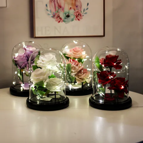 Roses en Velours de la Saint-Valentin Sous Dôme en Verre Avec Lumières LED Ornement de Fleurs Artificielles Romantiques Pour Maison Mariage Cadeau d'Anniversaire