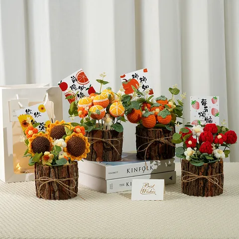 Handmade Knitted Sunflower Potted Plant Crochet Flower Wooden Bucket Ornament With Gift Bag For Graduation Teachers Day