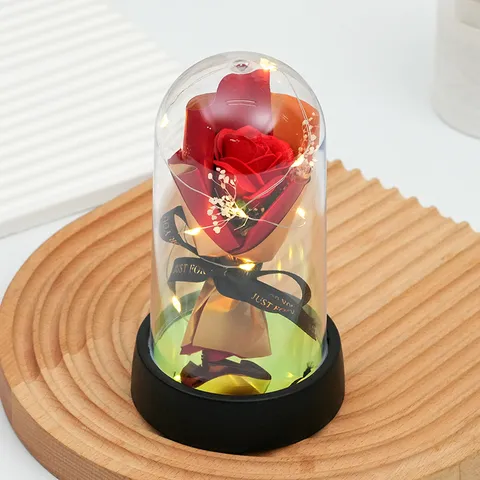 Dôme en Verre de Fleur de Rose Artificielle Veilleuse LED Cadeau Romantique de Saint Valentin Décoration de Bureau
