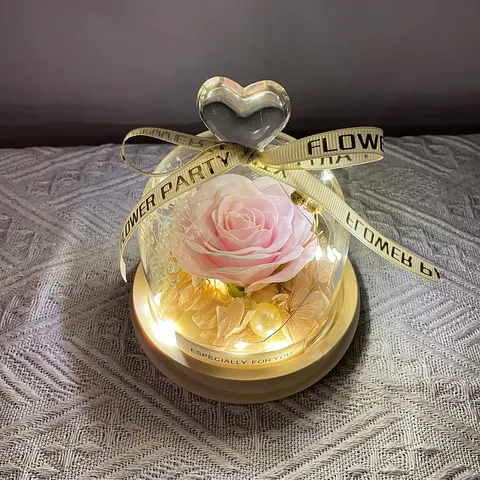 Cúpula De Vidrio De Rosa Preservada Con Luz LED Corazón Flor Eterna Luz De Noche Regalo De San Valentín Decoración Del Hogar
