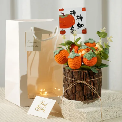 Handmade Knitted Sunflower Potted Plant Crochet Flower Wooden Bucket Ornament With Gift Bag For Graduation Teachers Day