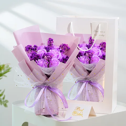 Valentine's Day Soap Rose Flower Bouquet Baby's Breath Artificial Dried Flowers Gift With Gift Bag And LED String Lights For Women Birthday