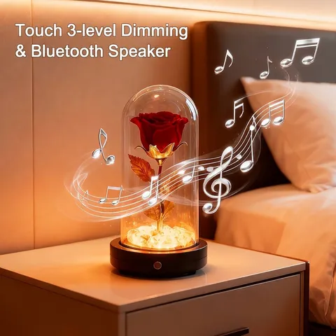 Rosa Stabilizzata Fiore Eterno Cupola di Vetro Luce LED Dimmerabile Touch Altoparlante Bluetooth Regalo Romantico San Valentino Decorazione