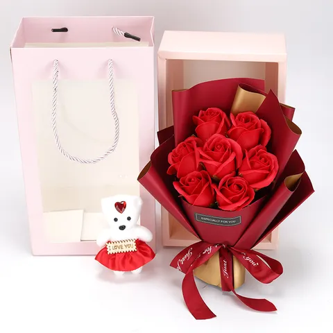 Ramo de Flores de Rosas de Jabón Artificial Con Caja de Regalo de Oso Día de San Valentín Navidad Regalo Romántico Decoración de Fiesta en Casa