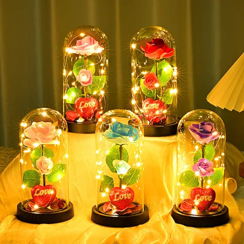 Rosa Artificial Flor Preservada LED Cubierta de Vidrio Adorno Regalo de San Valentín Decoración Romántica del Hogar Luz de Noche de Mesa
