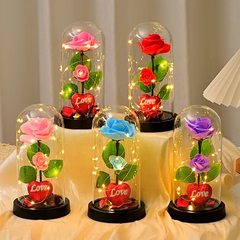 Rosa Artificial Flor Preservada LED Cubierta de Vidrio Adorno Regalo de San Valentín Decoración Romántica del Hogar Luz de Noche de Mesa