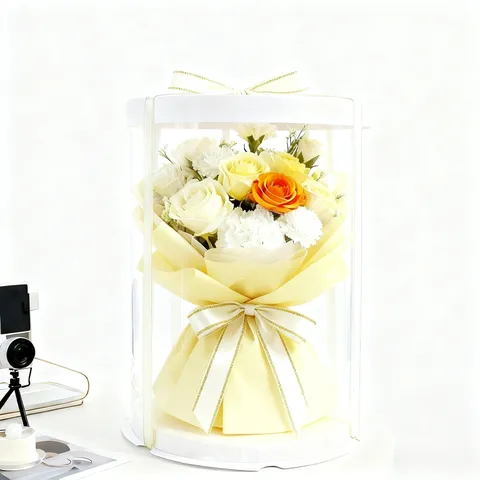 Bouquet de Fleurs de Savon Rose Artificielle Dans Boîte à Gâteaux Ronde Transparente Cadeau Romantique Pour Saint Valentin Mariage