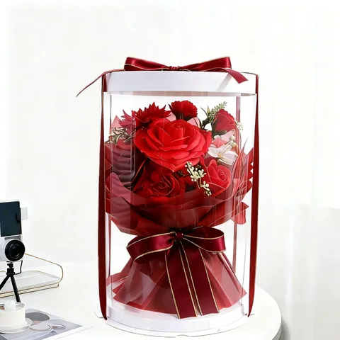 Bouquet de Fleurs de Savon Rose Artificielle Dans Boîte à Gâteaux Ronde Transparente Cadeau Romantique Pour Saint Valentin Mariage