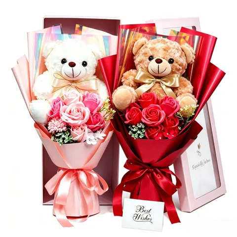 Regalo de San Valentín Ramo de Flores Artificiales de Rosa de Jabón Con Oso de Peluche Grande En Caja de Regalo Con Ventana Para Fiesta