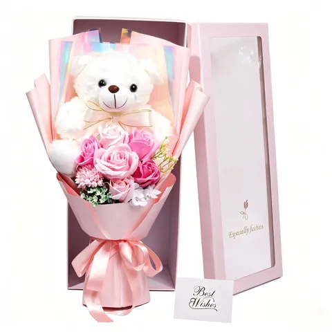 Regalo de San Valentín Ramo de Flores Artificiales de Rosa de Jabón Con Oso de Peluche Grande En Caja de Regalo Con Ventana Para Fiesta