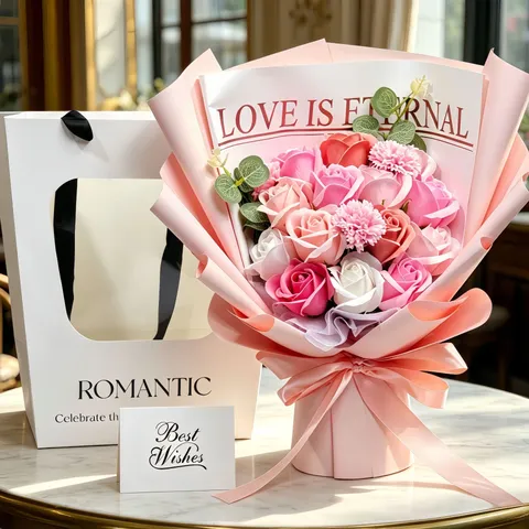 Artificial Soap Rose Flower Bouquet Preserved Floral Gift Hand Tied Bouquet With Window Gift Bag