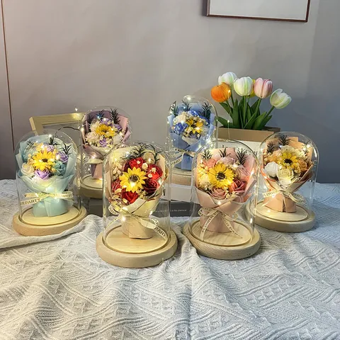Rosa Preservada Girasol Flor Eterna Luz de Cúpula de Vidrio Cadena de Luces LED Romántico Cumpleaños Regalo San Valentín Decoración Hogar