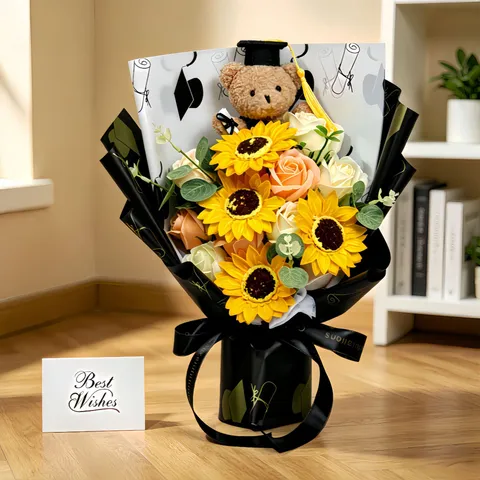 Künstlicher Sonnenblumen Seifenrosen Blumenstrauß Abschlussgeschenk Mit Doktor Bär Kunstblumen Für Studenten Party