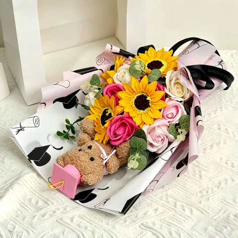 Künstlicher Sonnenblumen Seifenrosen Blumenstrauß Abschlussgeschenk Mit Doktor Bär Kunstblumen Für Studenten Party