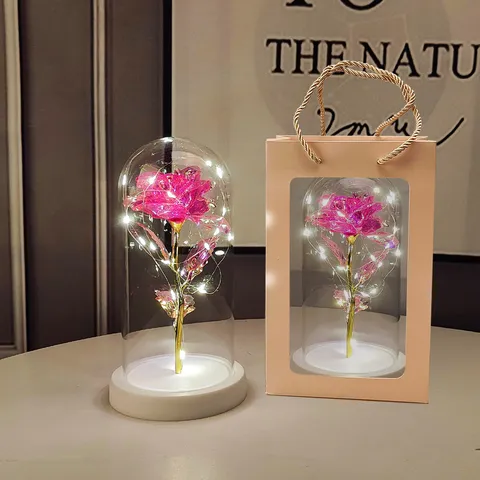 LED Gold Foil Artificial Rose Flower Glass Cover Luminous Romantic Home Decor Valentine Day Gift Table Ornament