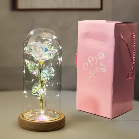 Rosa Artificiale in Foglia d'Oro in Cupola di Vetro Luce LED con Base in Legno Lampada da Tavolo Romantica Rosa Galassia Regalo San Valentino
