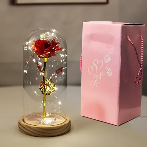 Rosa Artificiale in Foglia d'Oro in Cupola di Vetro Luce LED con Base in Legno Lampada da Tavolo Romantica Rosa Galassia Regalo San Valentino